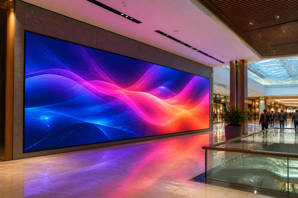 Modern commercial shopping mall featuring a large seamless indoor LED display video wall