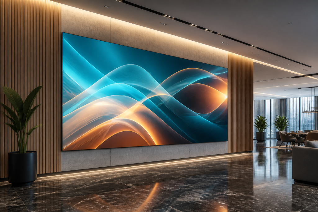Flush wall-mounted ultra-slim front service indoor LED display video wall in a luxury corporate boardroom