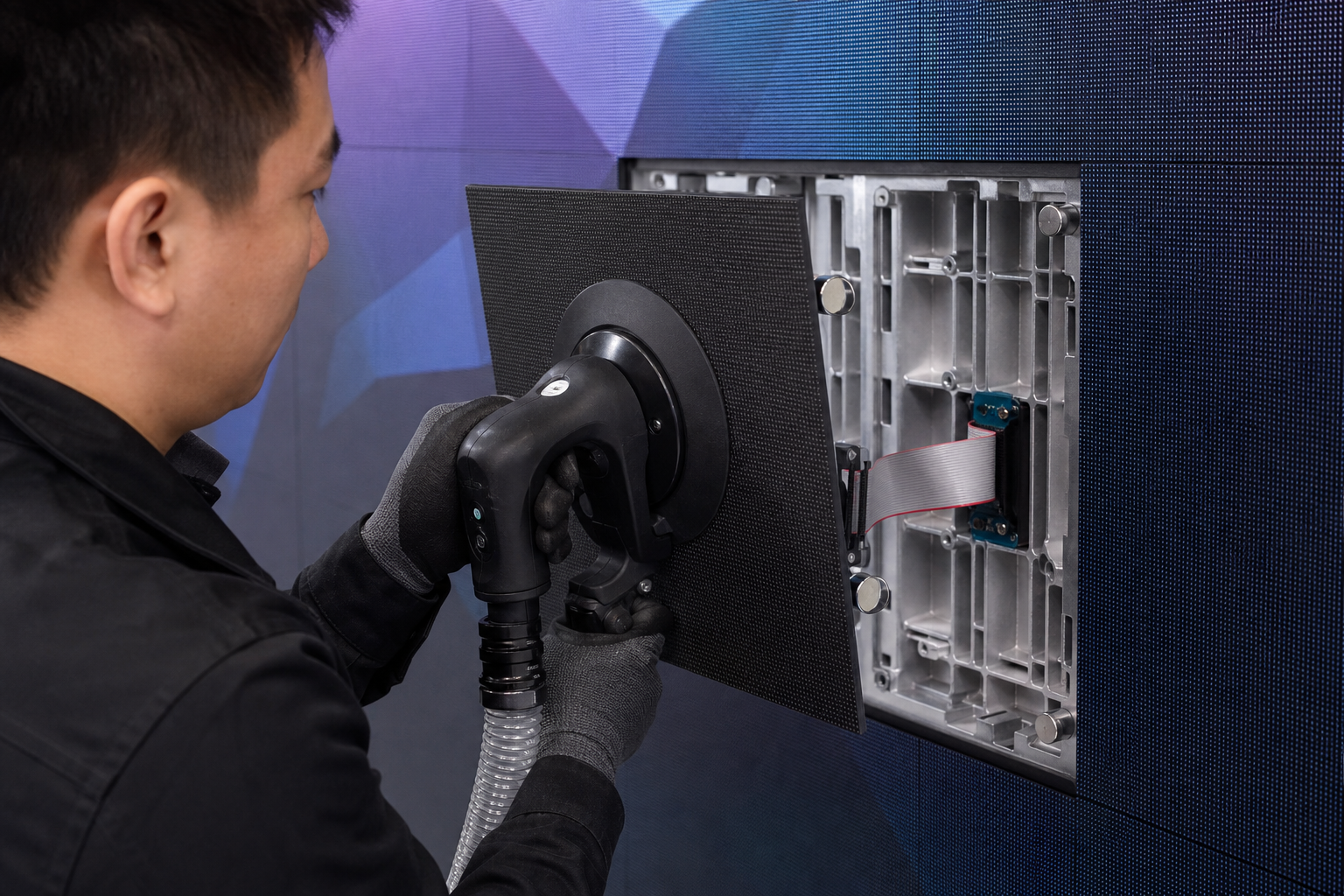 AV display technician using a vacuum suction extraction tool to service a magnetic front maintenance LED module