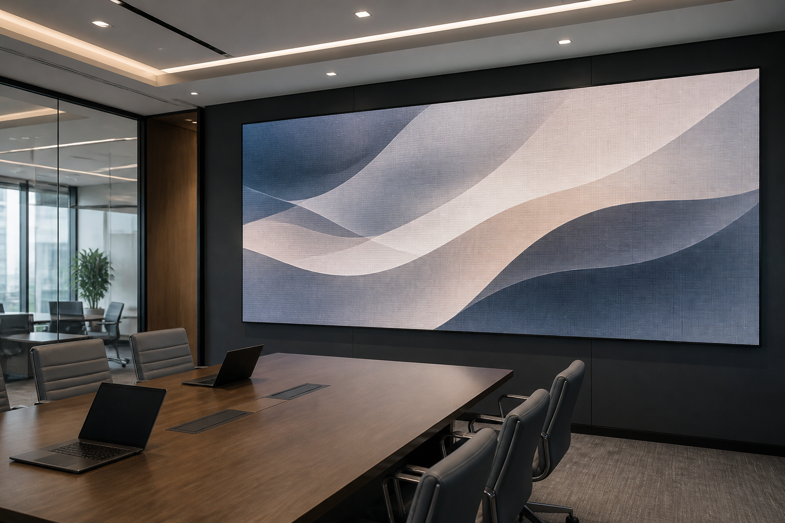 Modern conference room with an indoor LED display wall