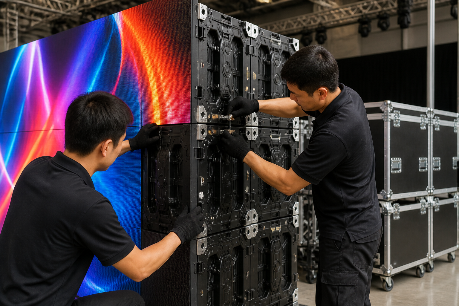 AV technicians assembling die-cast aluminum rental LED display cabinets with fast locks and flight cases
