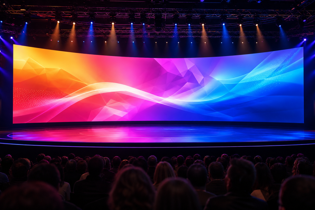 High-end curved indoor rental LED display stage backdrop for live corporate events and concerts