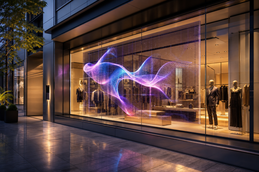 High-transparency transparent LED display installed in a luxury retail storefront window at dusk