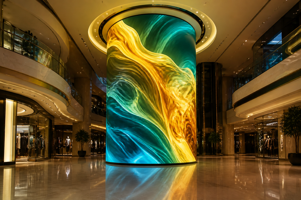 360-degree cylindrical flexible LED display wrapped around a commercial atrium column