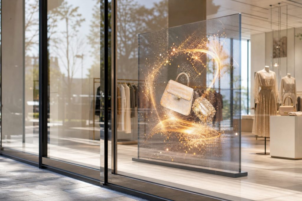Foldable transparent LED poster screen in luxury retail storefront window