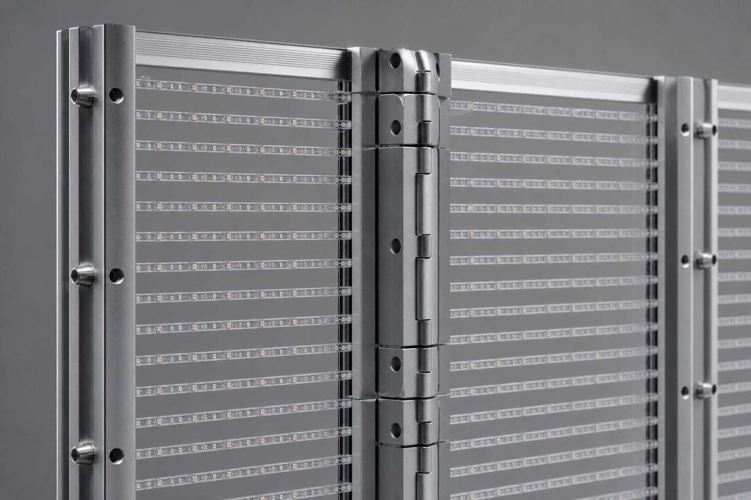 Foldable transparent LED screen hinge mechanism and micro louver mesh