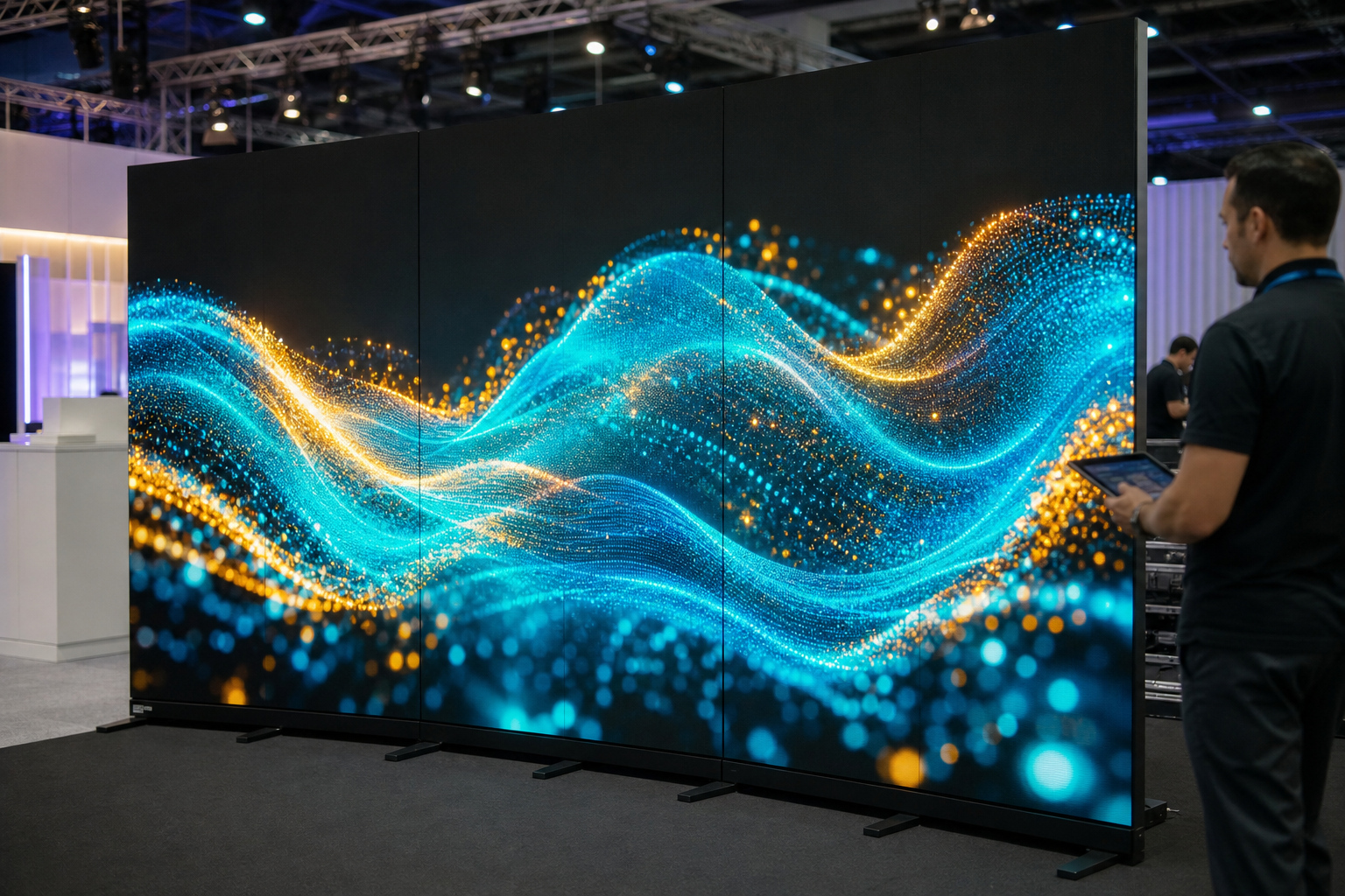 Three digital LED poster displays seamlessly cascaded into a panoramic wide video wall for exhibitions