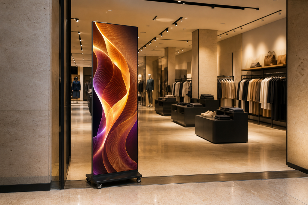Ultra-slim standalone digital LED poster display with mobile floor stand at a luxury retail entrance